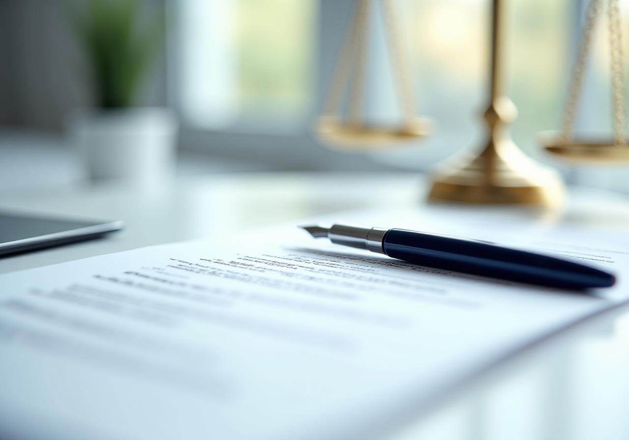 Legal documents and scales of justice on a modern desk